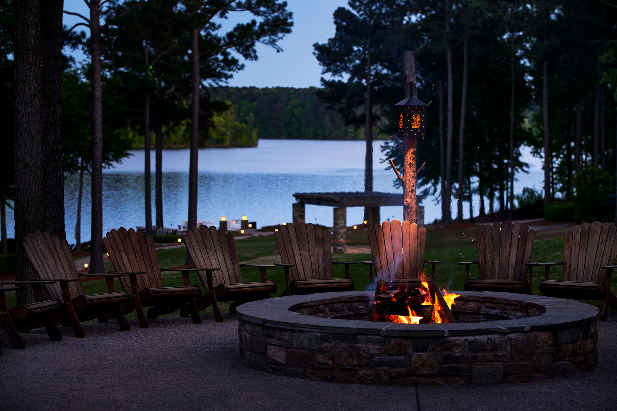 Firepit by the lake at Ritz-Carlton Reynolds, Lake Oconee in Greensboro, Georgia
