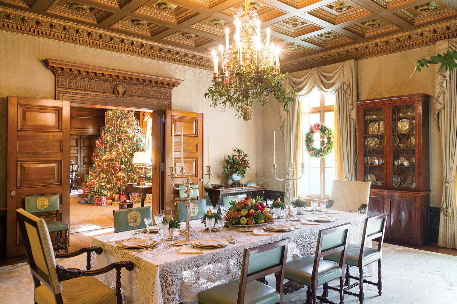 Dining room at Hills and Dales Estate in LaGrange, Georgia, decorated for the holidays