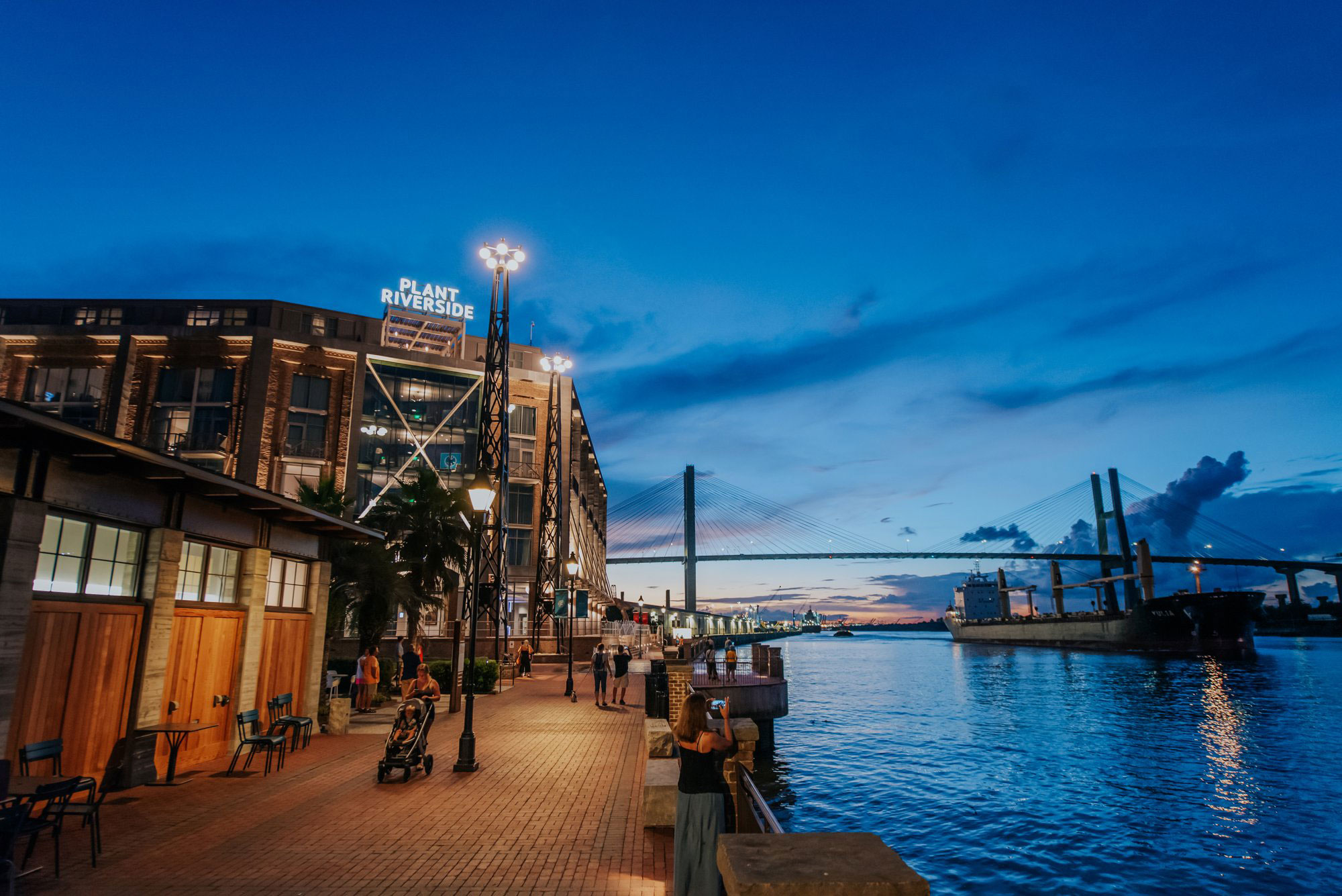 Evening view of Plant Riverside District on River Street in Savannah, Georgia