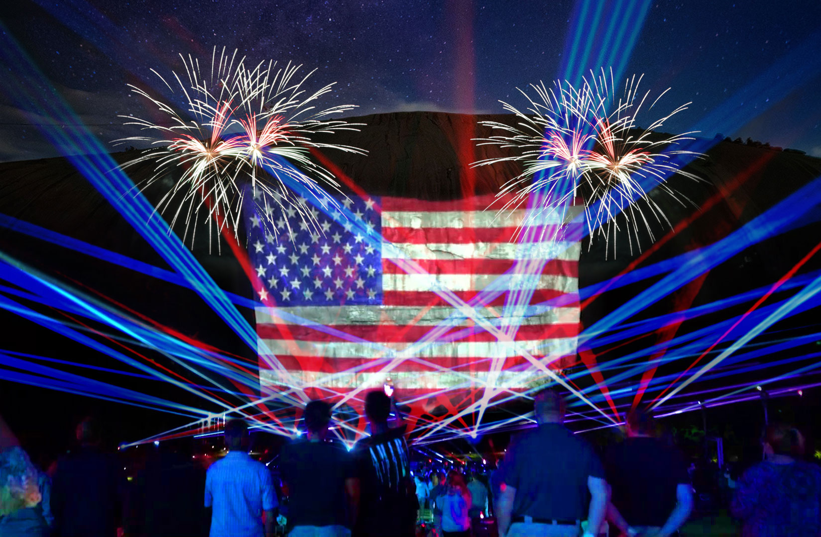 A projected image of the American flag and fireworks at Stone Mountain Park
