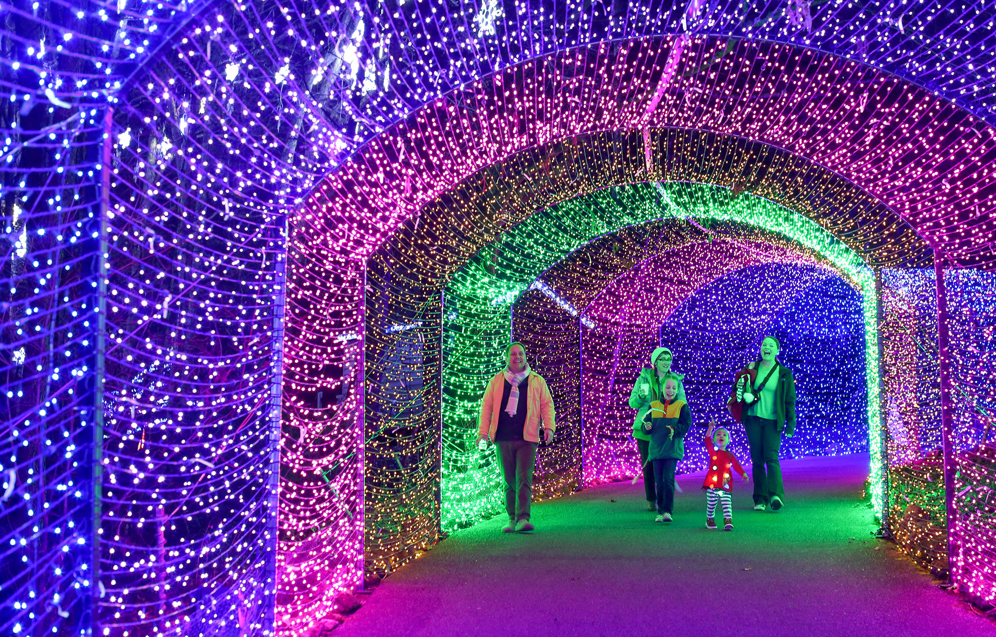 People walking through a colorful tunnel of holiday lights