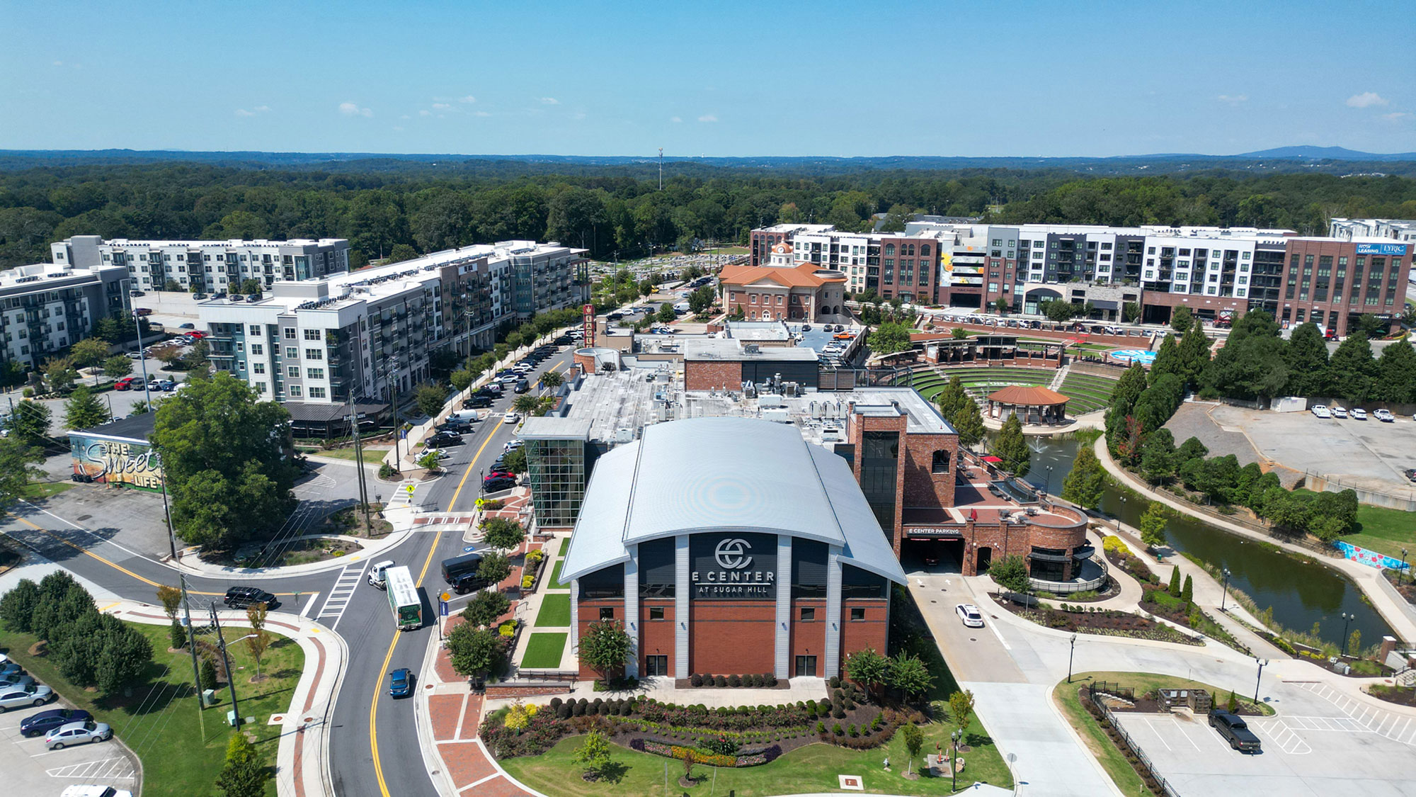 Aerial view of the E Center in Sugar Hill, Georgia