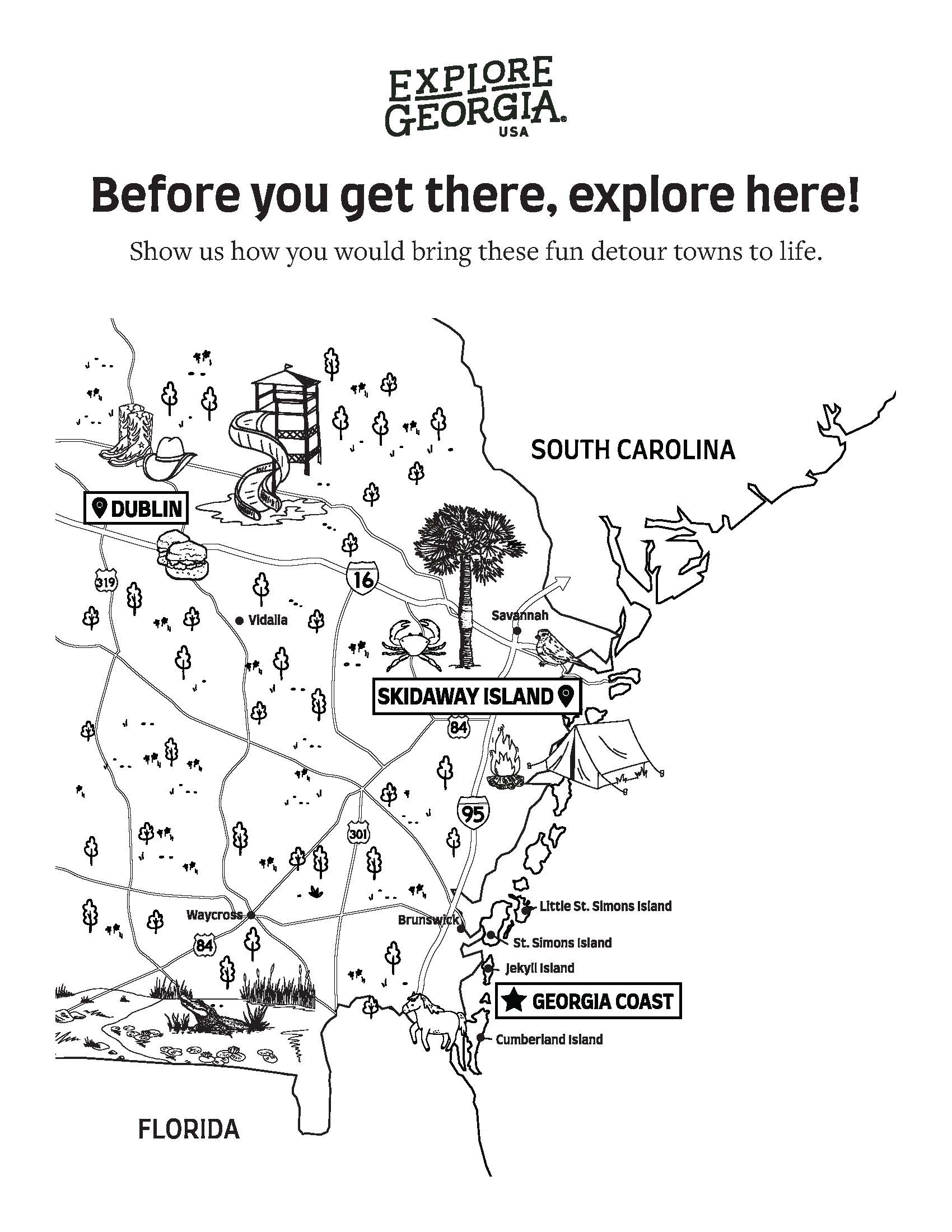 Coloring sheet for Savannah, Skidaway Island, & Dublin