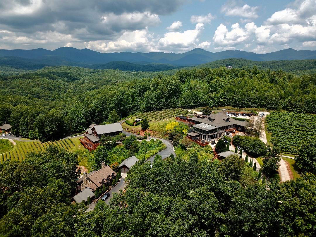 Aerial view of Wolf Mountain Vineyards in Dahlonega, Georgia