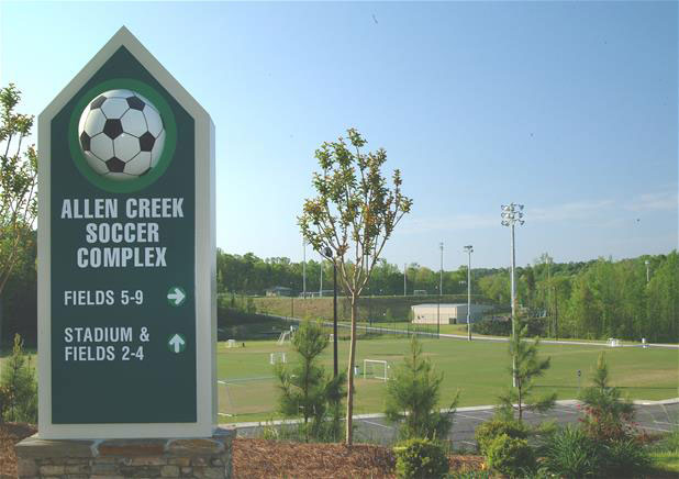 Entrance sign at Allen Creek Soccer Complex in Gainesville, Georgia