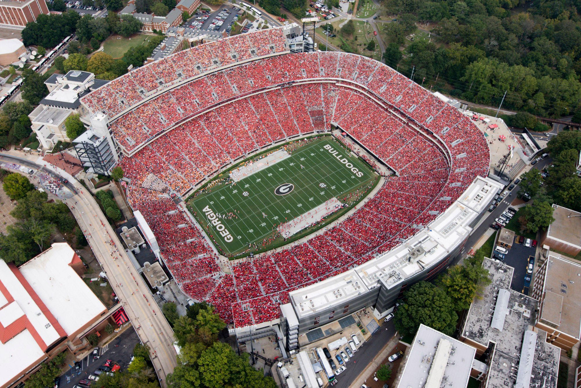 Overhead view of Sanford Stadium during a UGA football game in Athens, Georgia