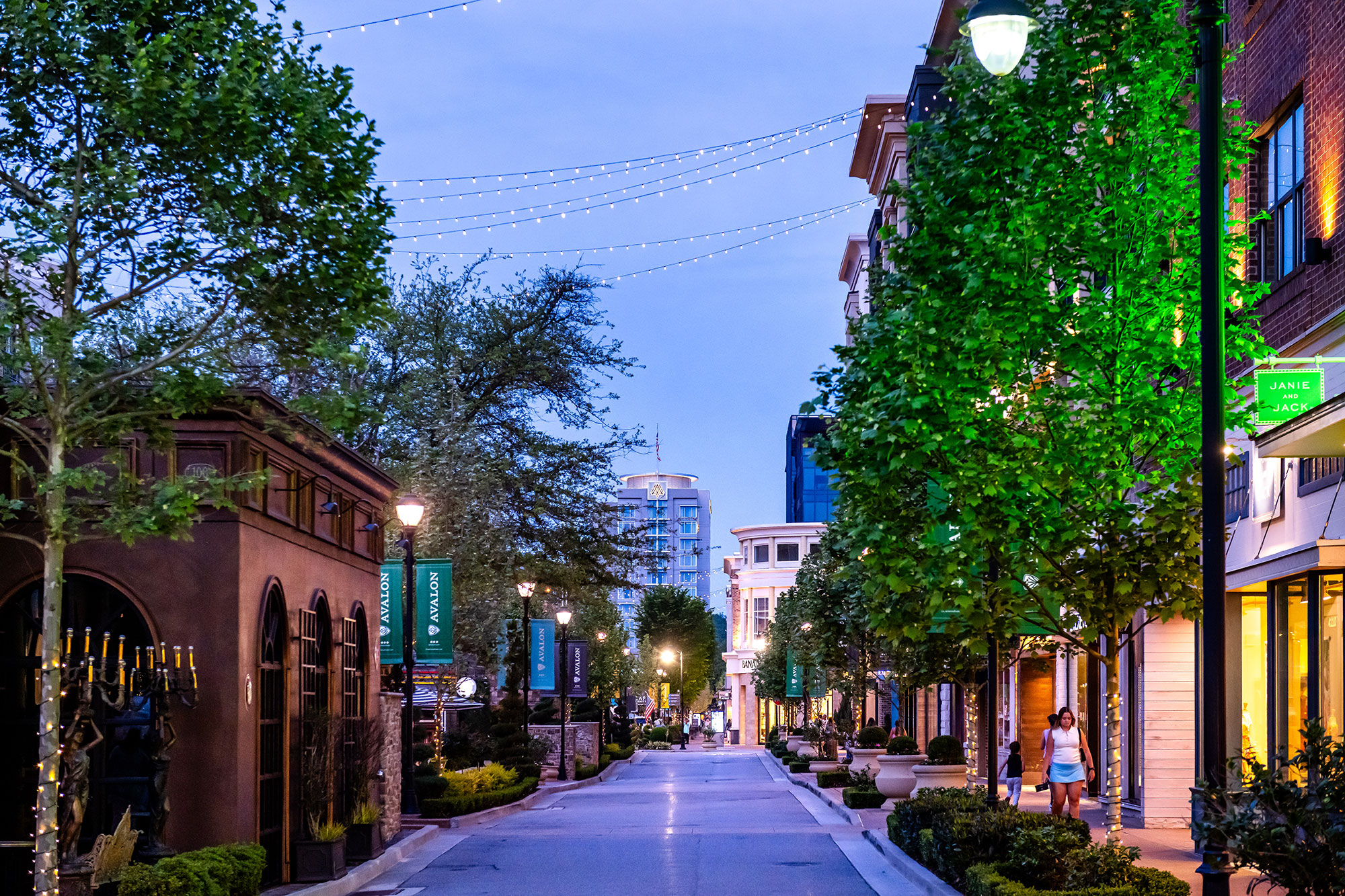 Evening streetscape at Avalon in Alpharetta, Georgia
