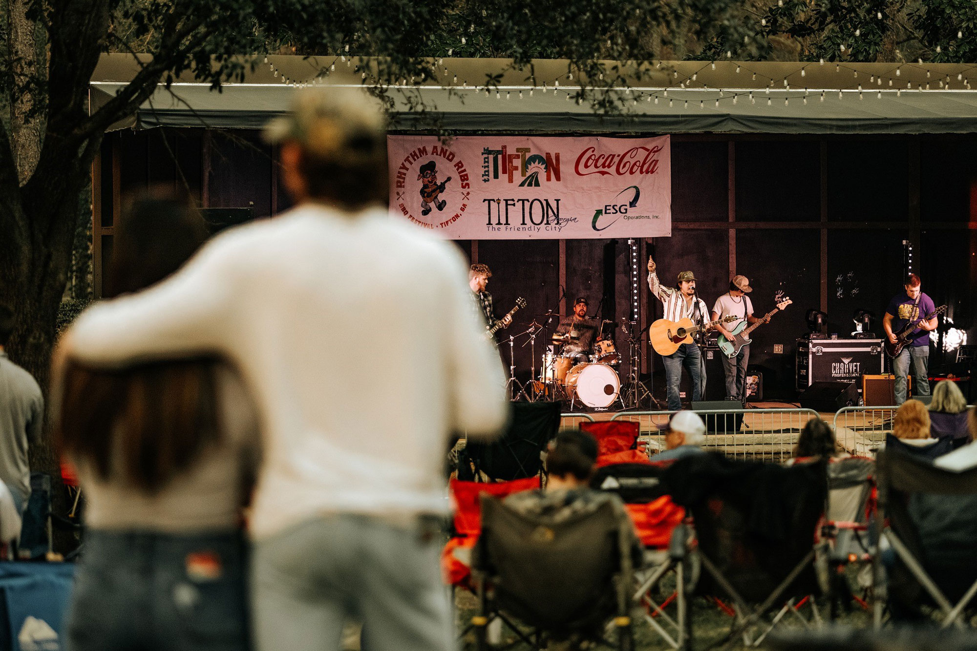 Band on stage at Rhythm & Ribs in Tifton, Georgia