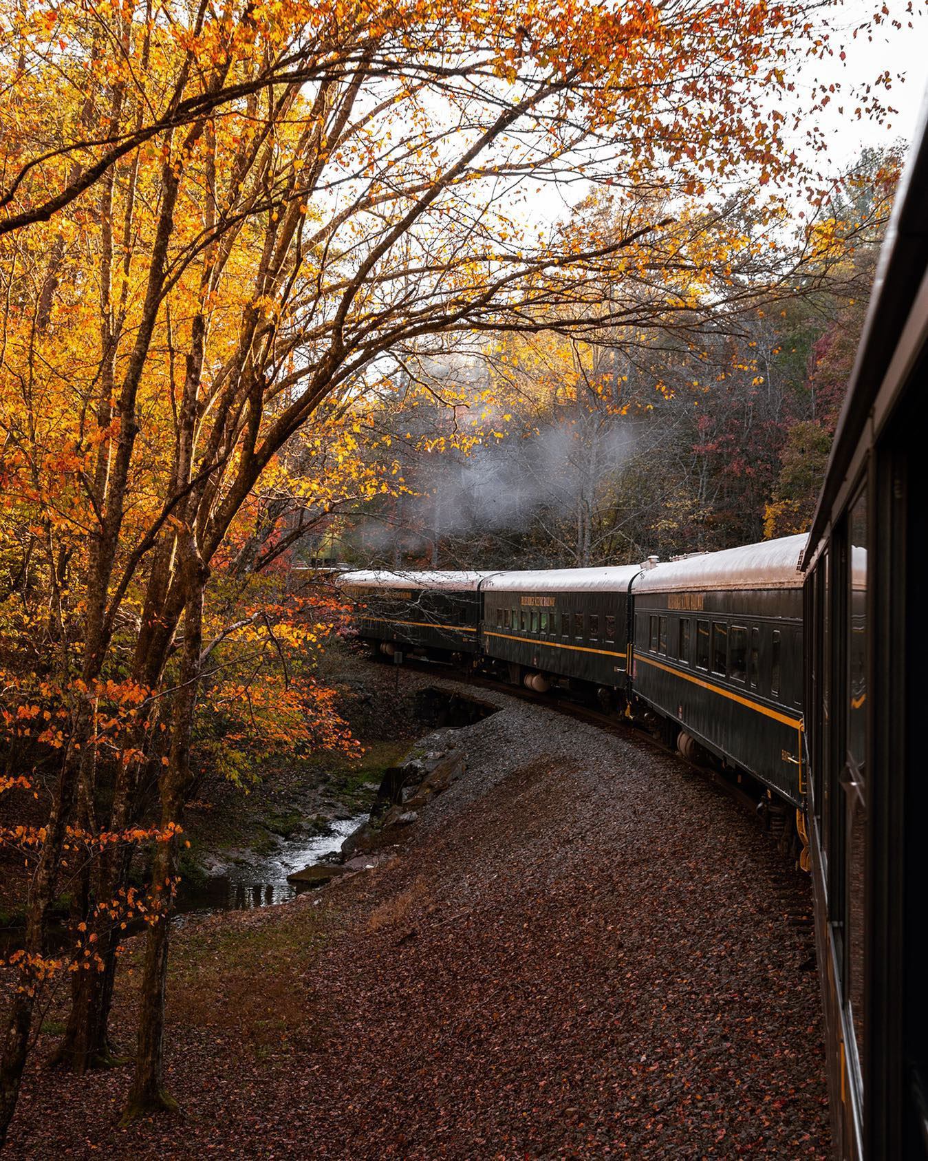 Blue Ridge Scenic Railway waits on the tracks in the fall in Blue Ridge, North Georgia