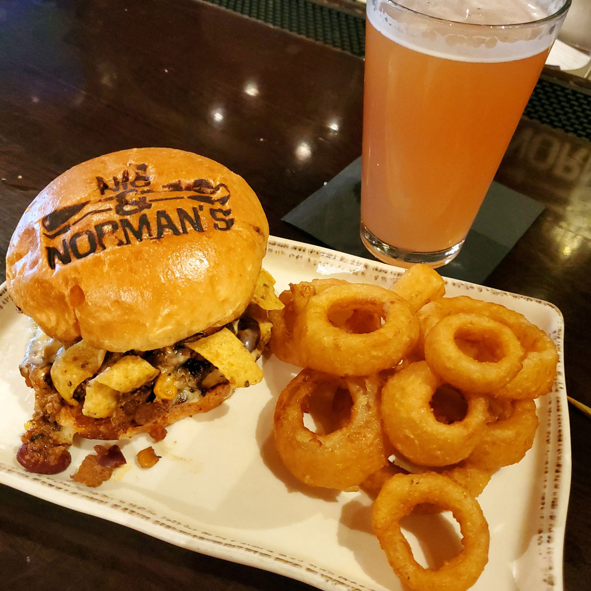 Burger and onion rings at Nic & Norman's in Senoia, Georgia