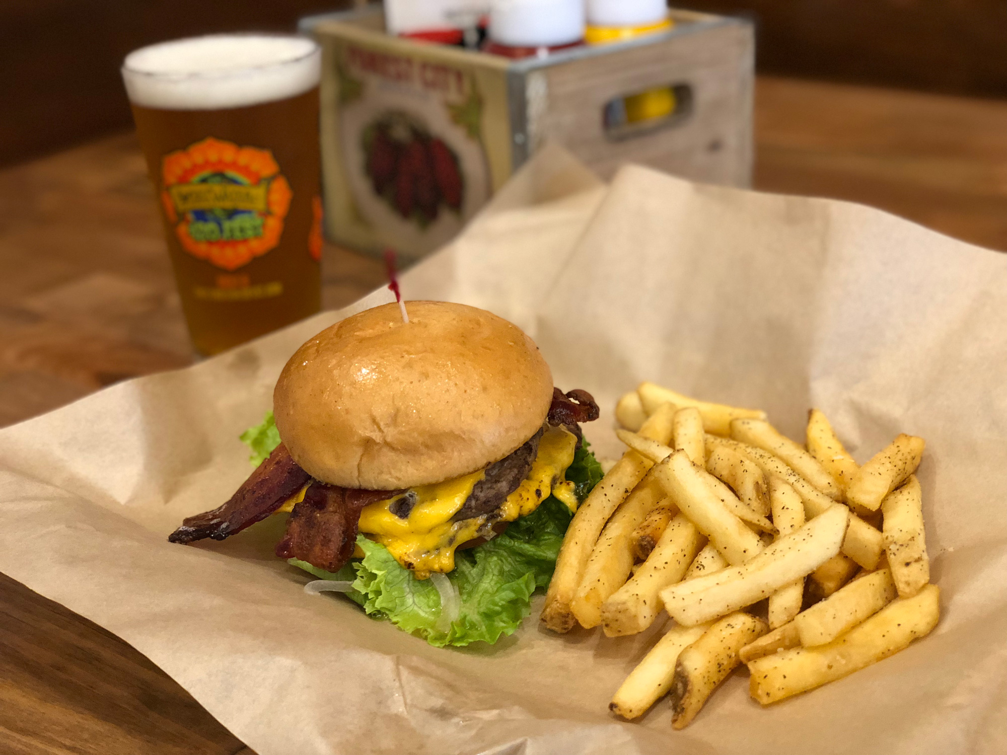 Burger, fries and a beer at Cantaberry Restaurant in Ellijay, Georgia