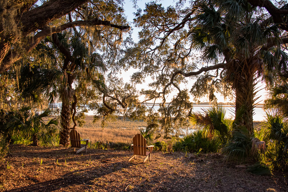 Chairs by the water on Cumberland Island, Georgia