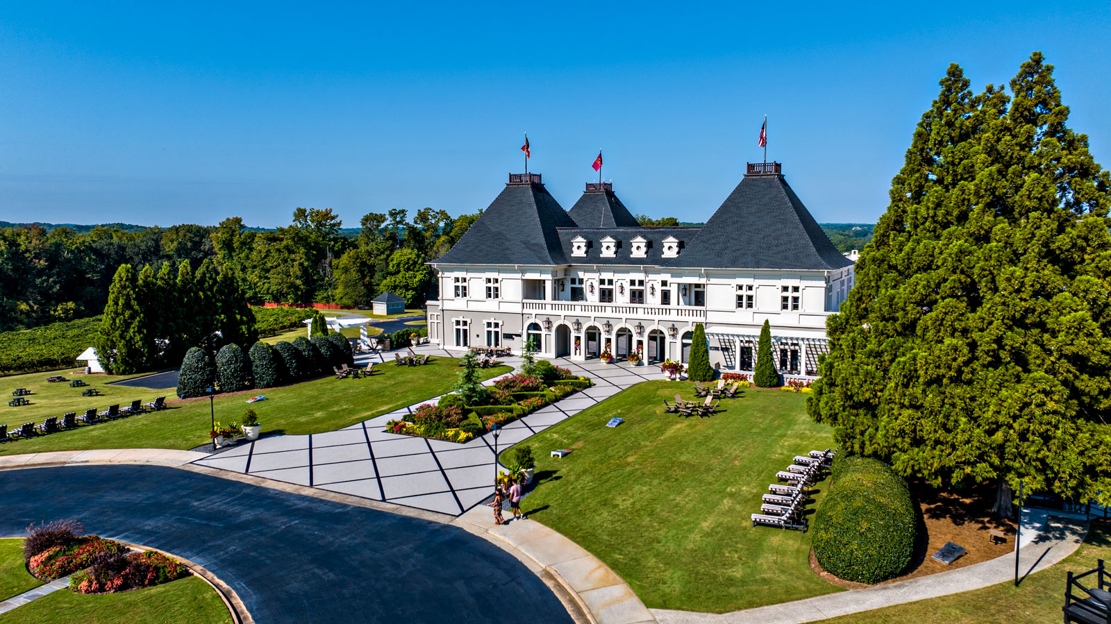 Aerial view of Chateau Elan Winery & Resort with a loop driveway in the front and surrounded by green trees.