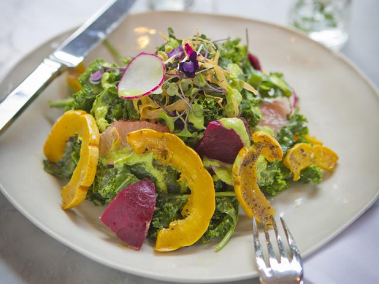 An up-close photo of a salad at The Collins Quarter in Savannah, Georgia. The plate is white, circular ceramic topped with greens, sprouts, sliced radishes and roasted squash.