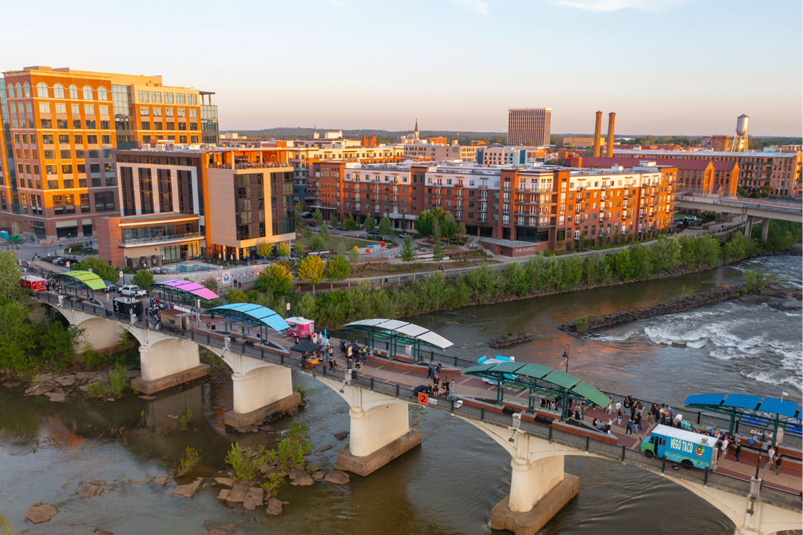 Aerial view of a bridge and downtown Columbus, Georgia