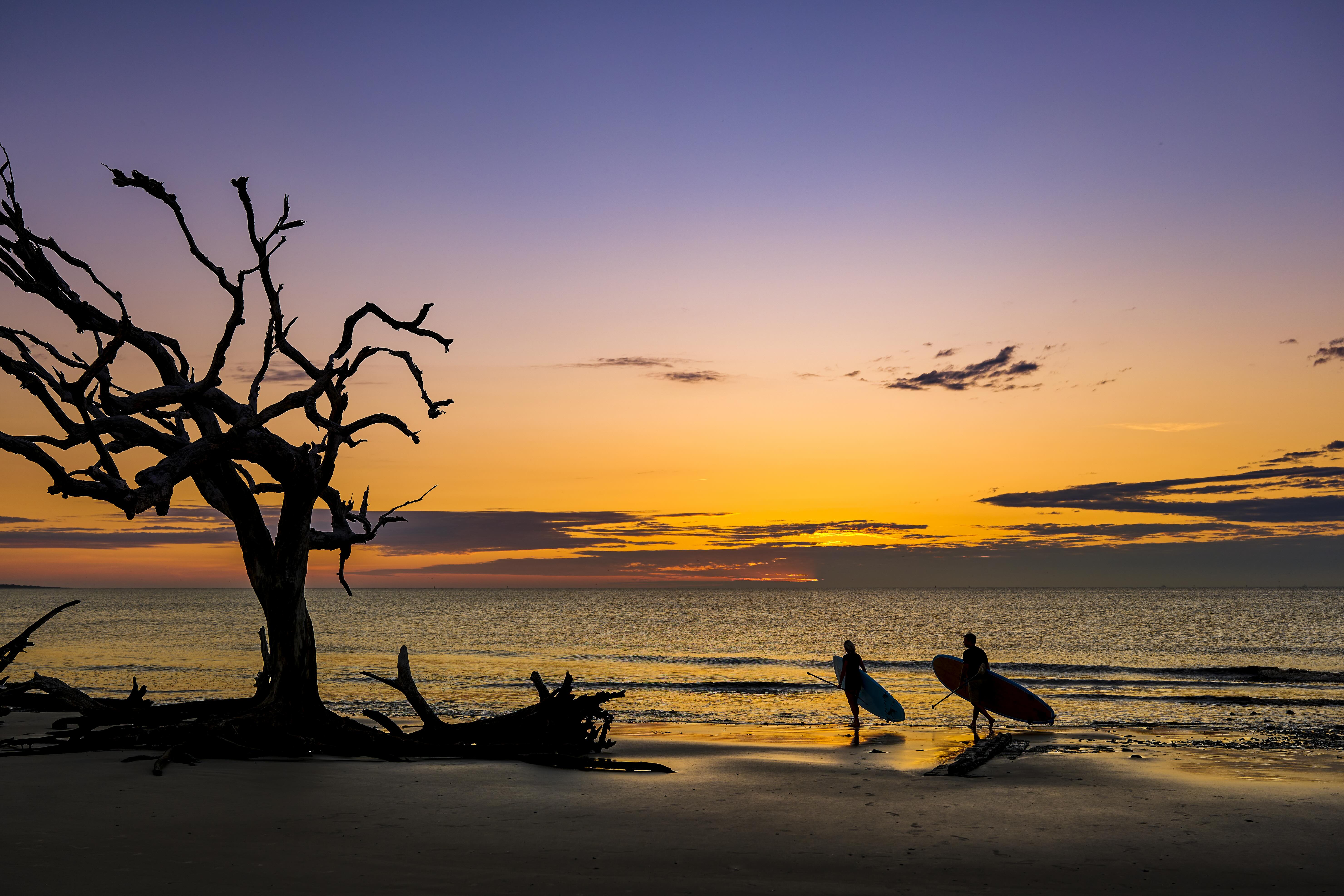 Surfers walking out of the ocean at dusk
