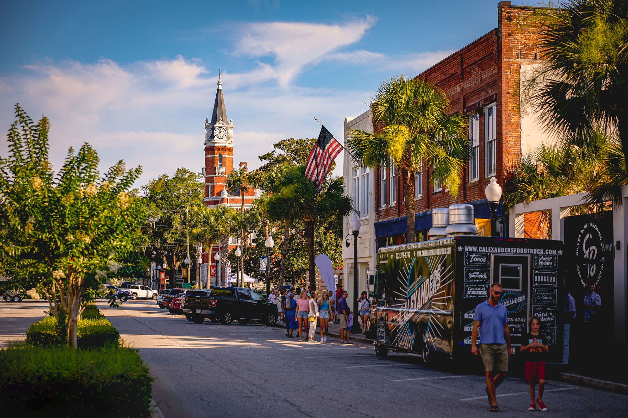 Families and food trucks in downtown Brunswick, Georgia