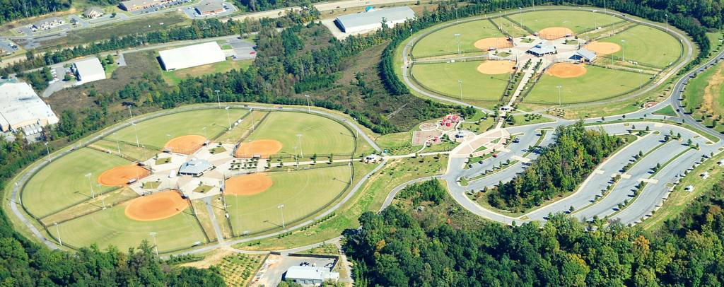 Aerial view of 10 baseball fields at Heritage Point Park in Dalton, Georgia