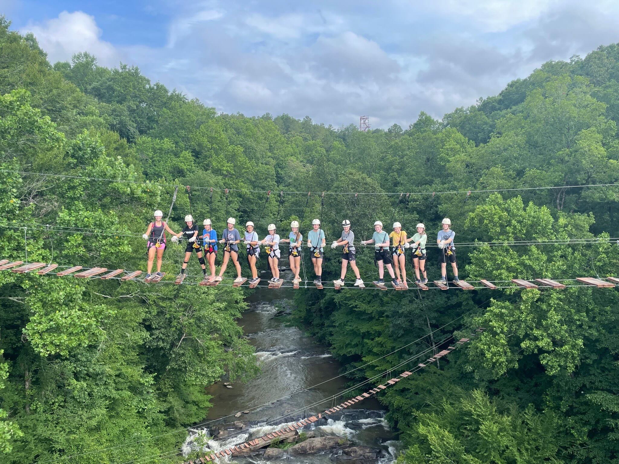 A group of people on a suspension bridge
