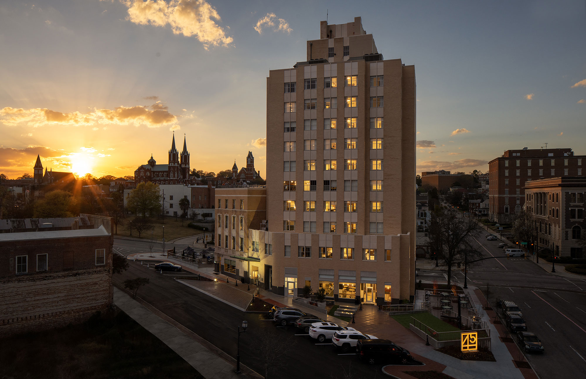 Exterior of Hotel Forty Five in Macon, Georgia, at dusk
