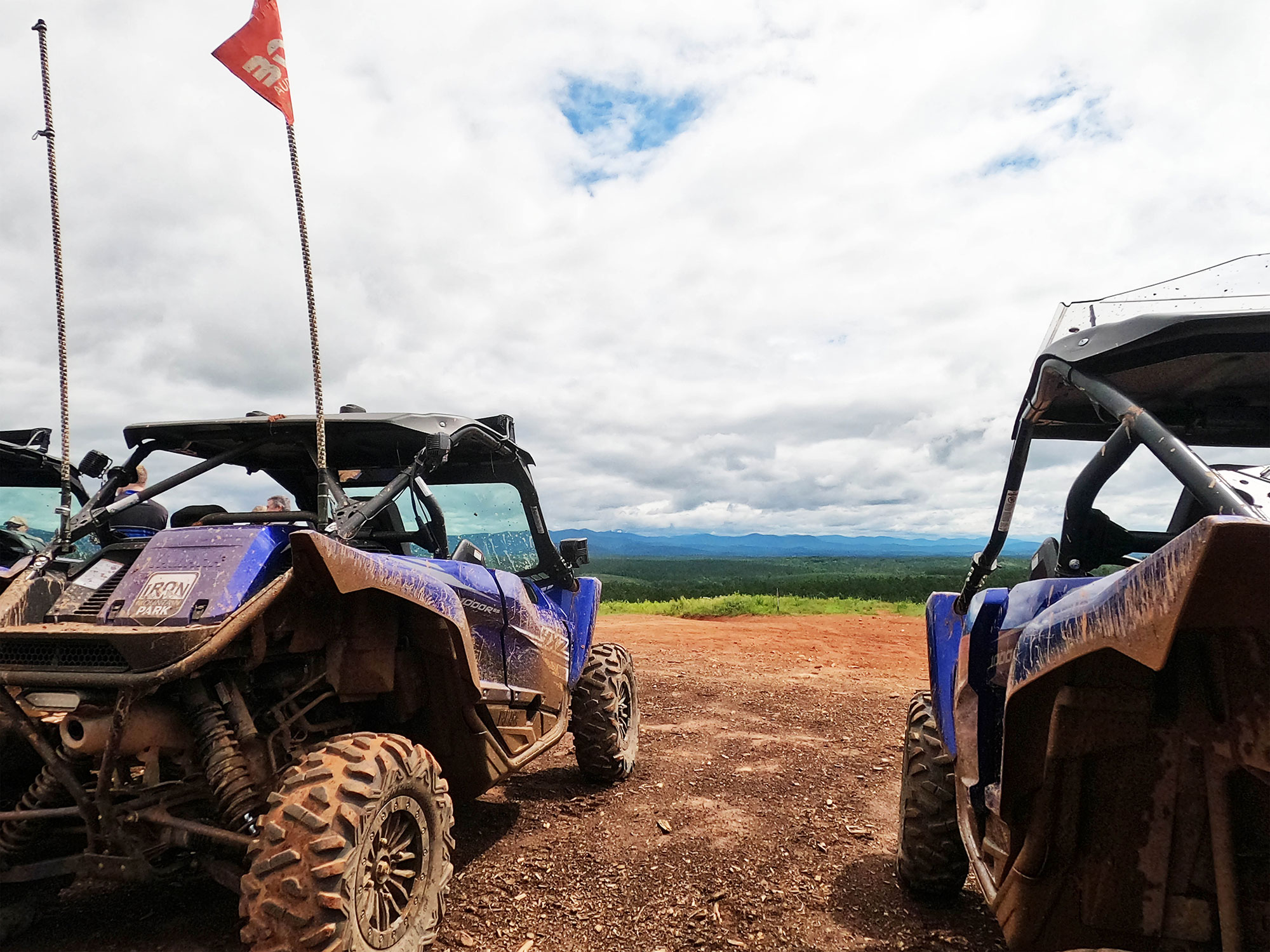 UTVs parked at on overlook at Iron Mountain Park in Dahlonega, Georgia