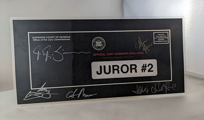 Show card for Juror #2 autographed by Nick Hoult, Toni Collette, Gabe Basso, Chris Messina, and J.K. Simmons