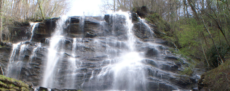 Water cascades over granite rocks at Amicalola Falls in Dawsonville, Georgia