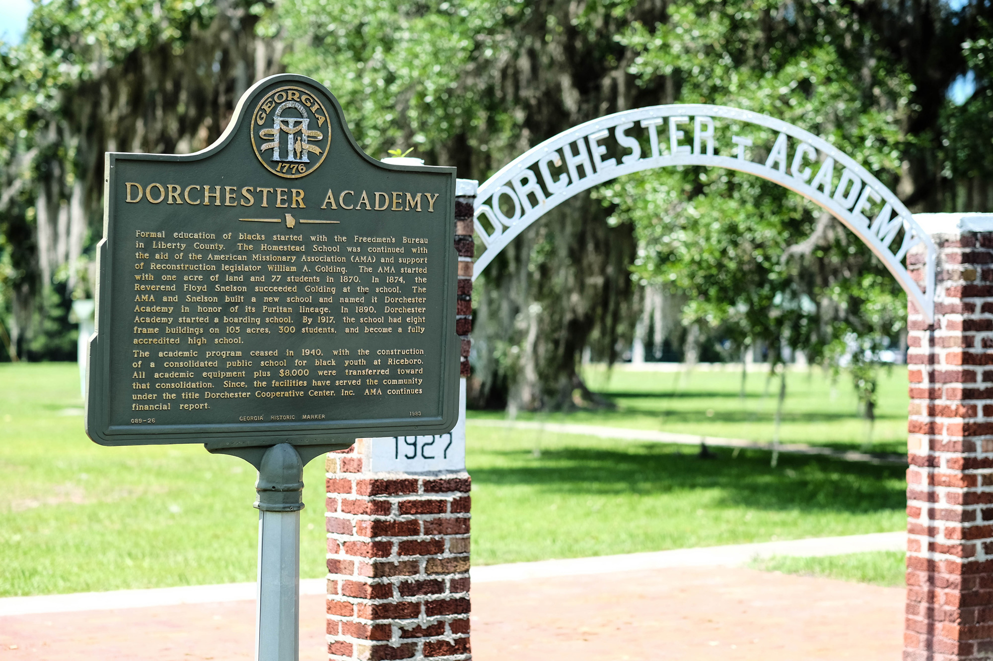 The historic marker at Dorchester Academy in Midway, Georgia