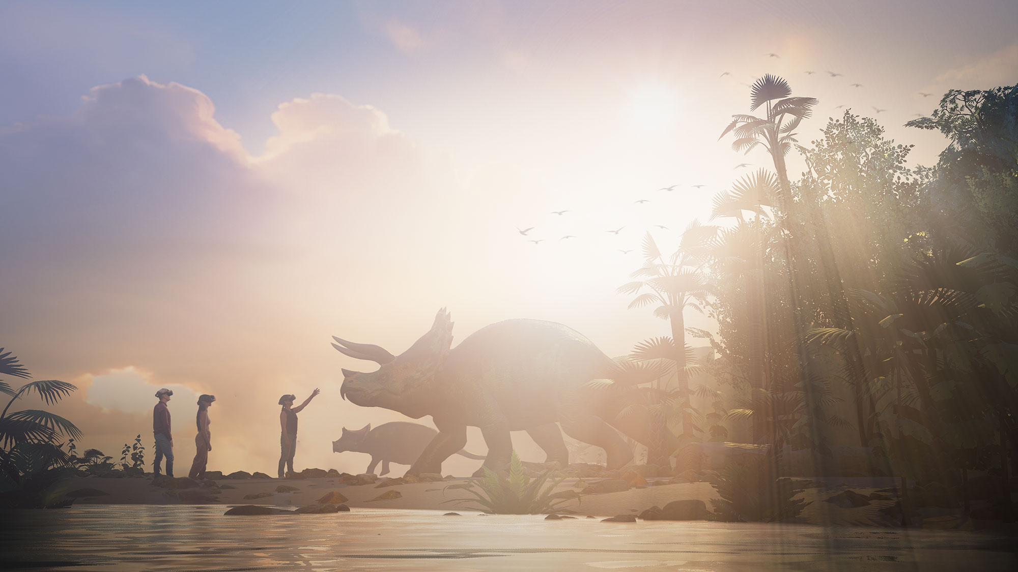 Virtual reality experience of people with dinosaurs