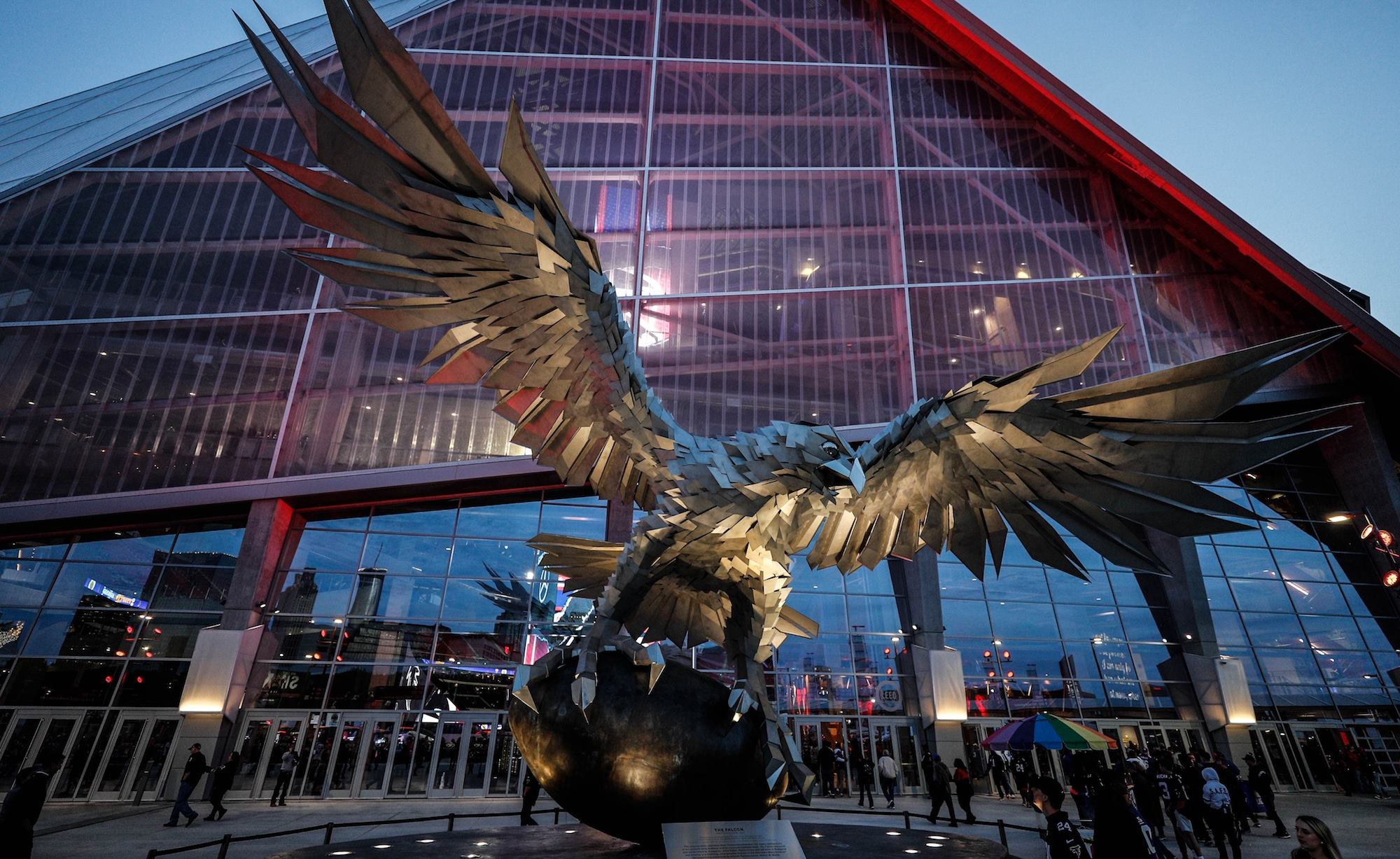 Falcon sculpture outside Mercedes-Benz Stadium in Atlanta