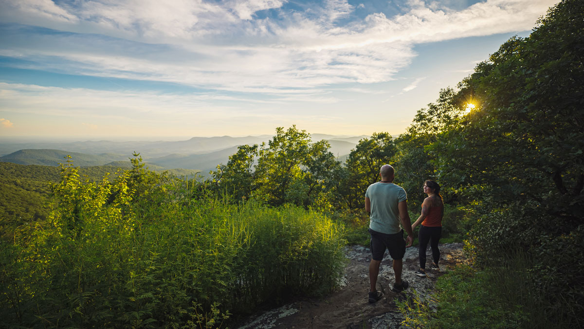 A couple hiking on a trail surrounded with lush greenery.