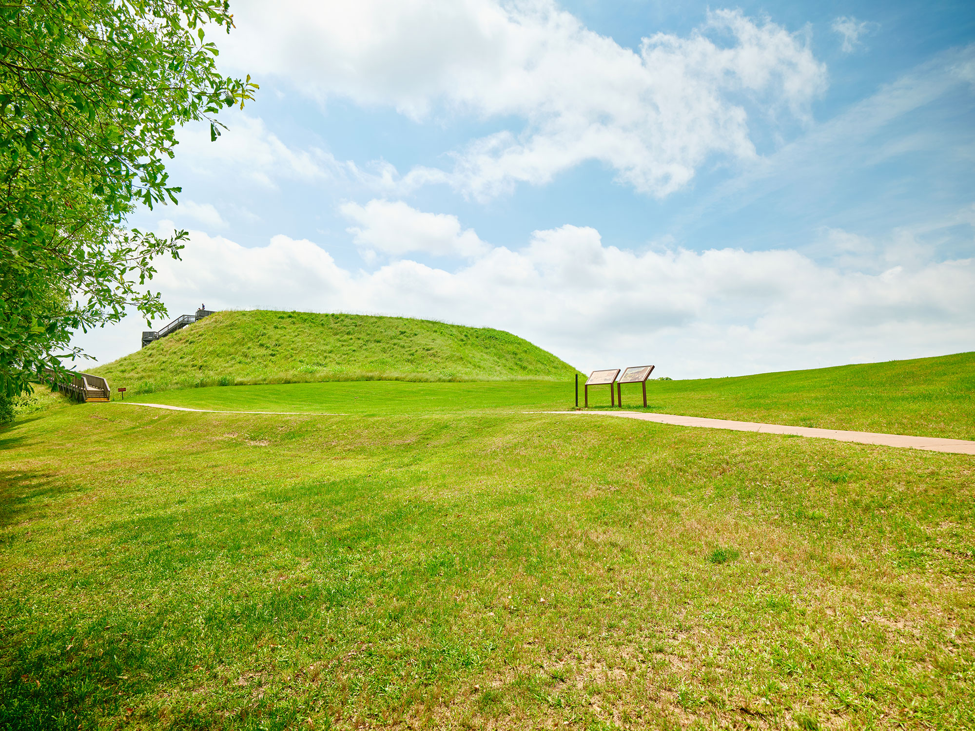 Grassy field and mound with blue sky at Ocmulgee Mounds National Historical Park