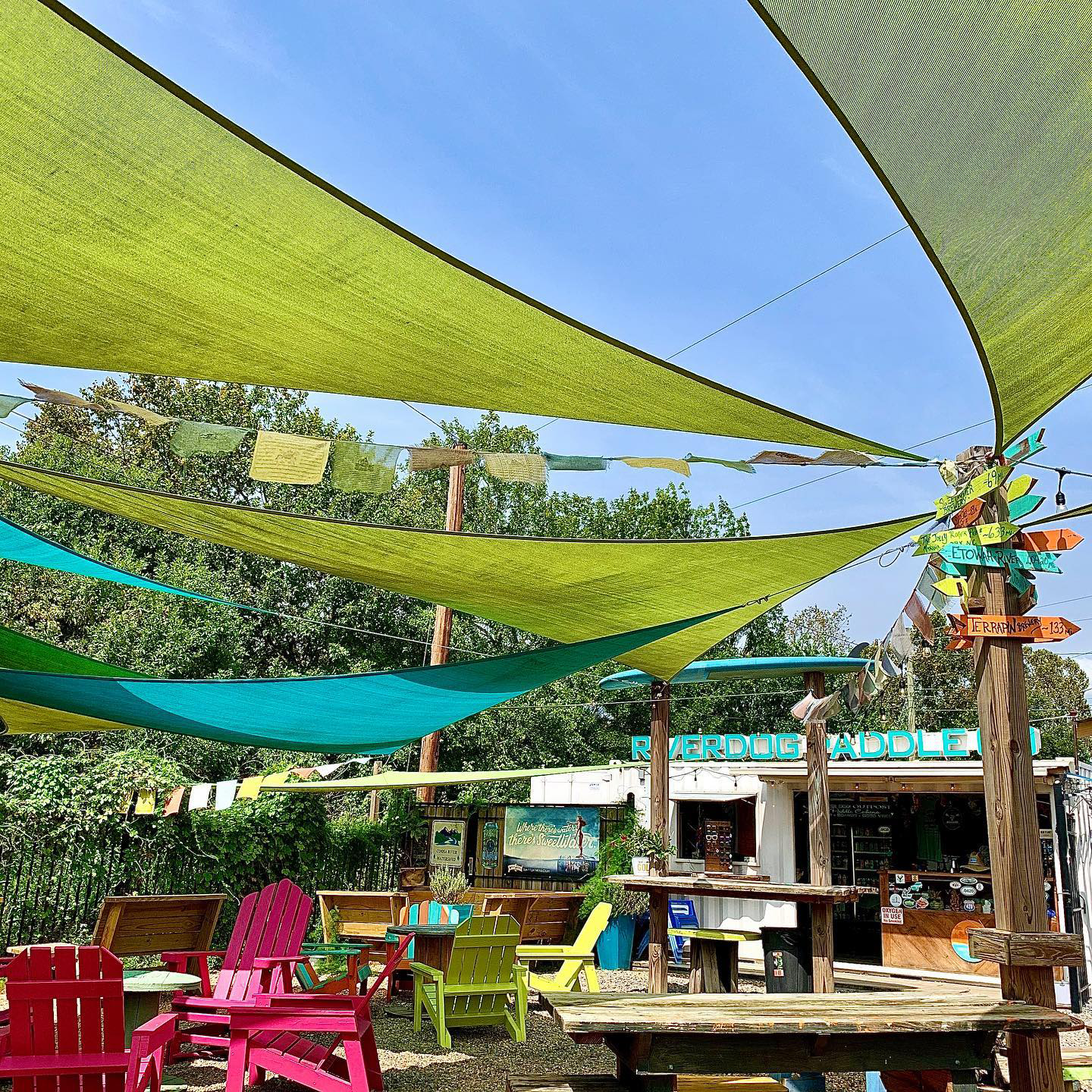 Outdoor seating at Cosmic Dog Outpost in Rome, Georgia
