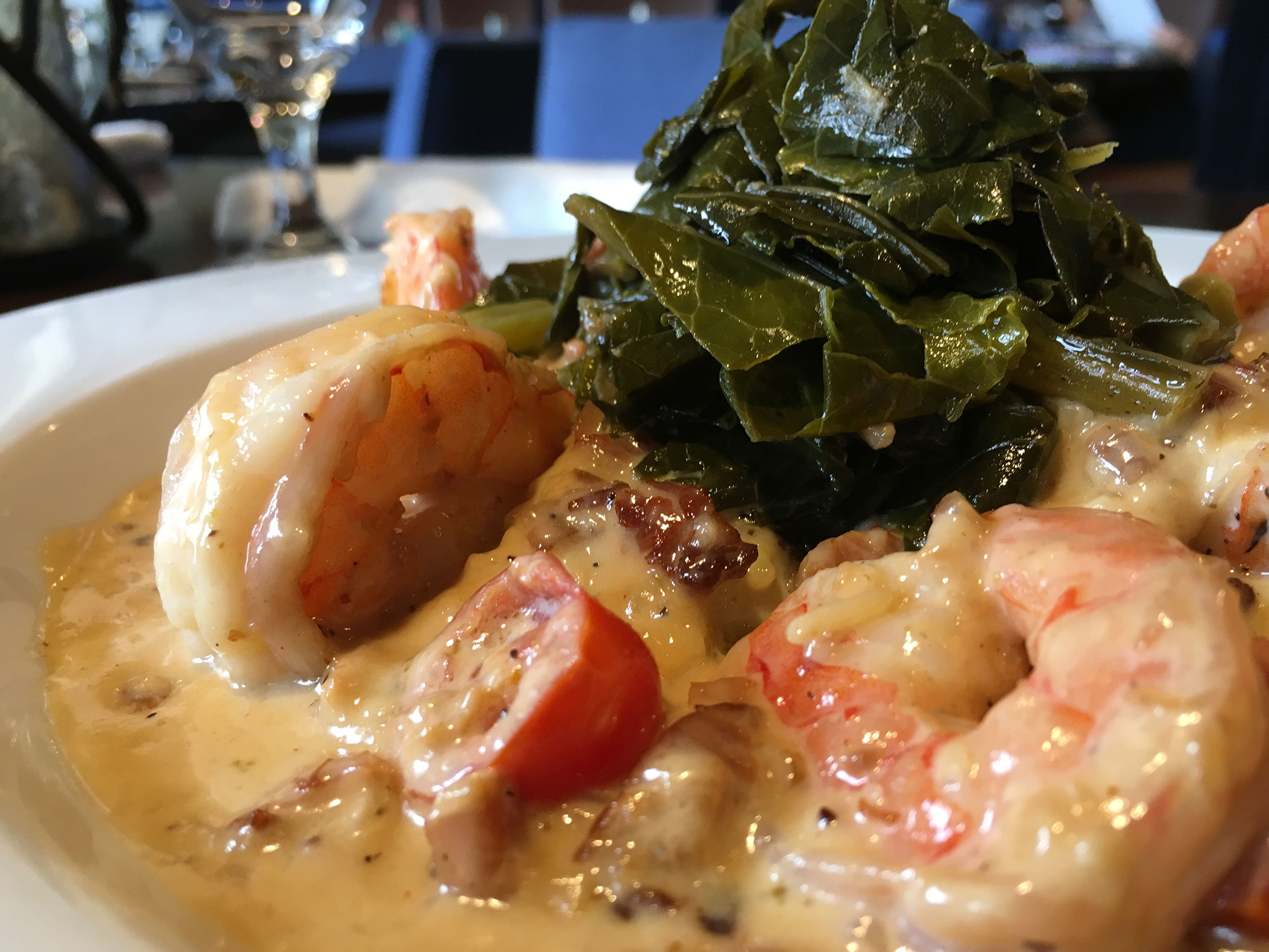 Shrimp and collard greens at Aubri Lane's in Milledgeville, Georgia