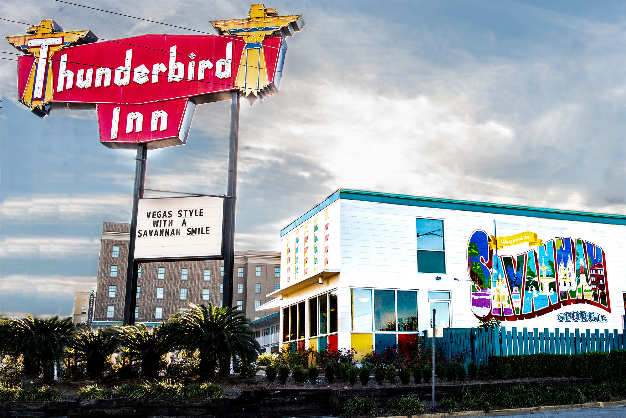 Sign and mural at The Thunderbird Inn in Savannah, Georgia