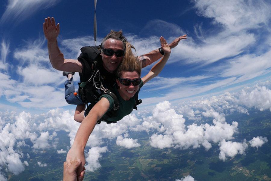 Two people tandem skydiving at Skydive Atlanta in Thomaston, Georgia