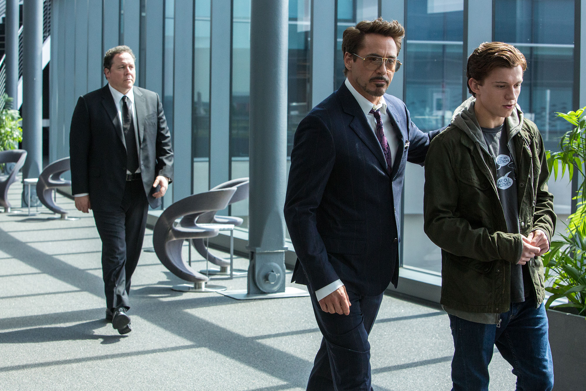 Jon Favreau, Robert Downey Jr. and Tom Holland in Atlanta, Georgia, in Columbia Pictures' Spider-Man: Homecoming