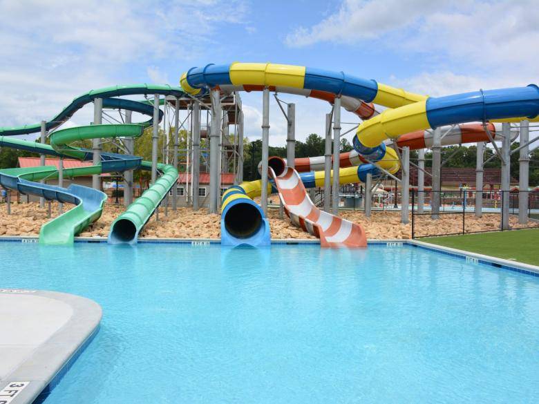 Water slides at Spivey Splash at Clayton County International Park in Jonesboro, Georgia