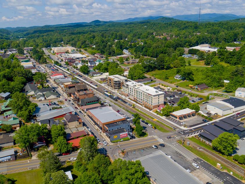 Aerial view of downtown Blue Ridge, Georgia, surrounded by mountains