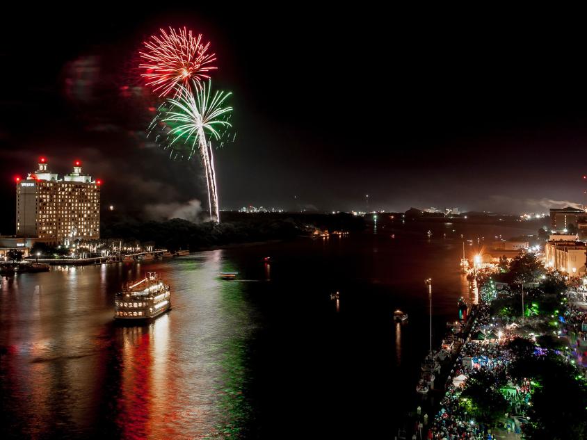 Fireworks over the Savannah River in Savannah, Georgia