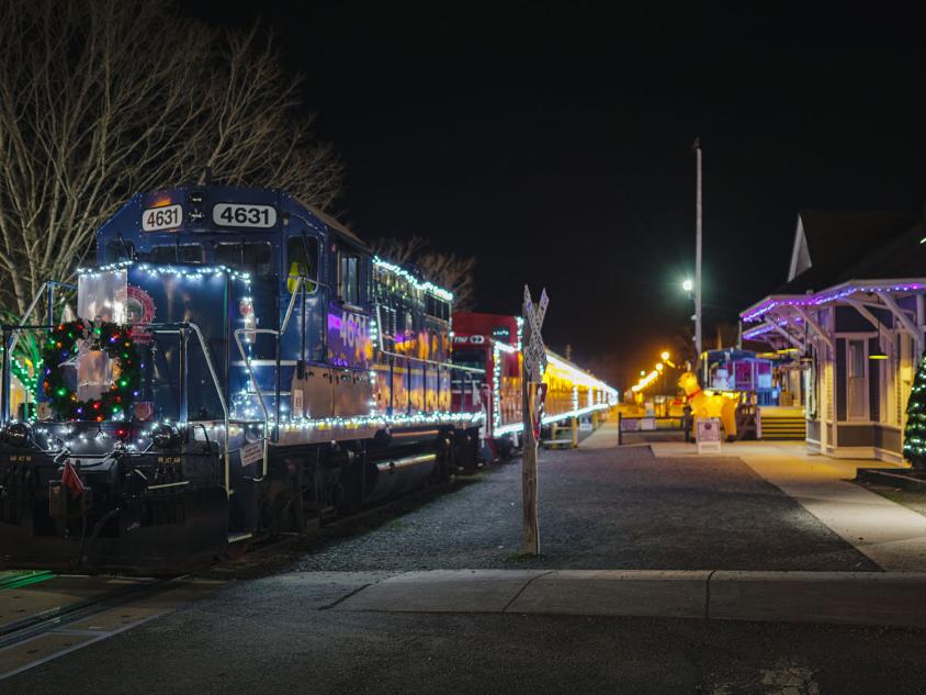 Blue Ridge Scenic Railway lit with colorful holiday lights