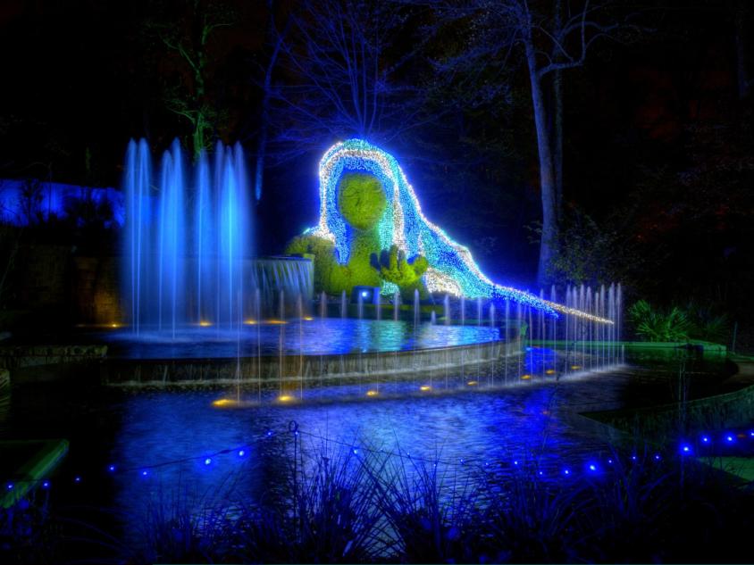 Earth Goddess lit for the holidays at Atlanta Botanical Garden in Atlanta, Georgia