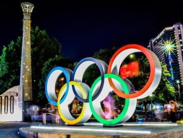 Olympic rings at night in Atlanta, Georgia