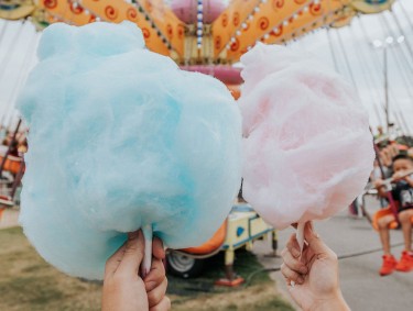 Two hands holding cotton candy at the North Georgia State Fair in Marietta, Georgia. Photo by @gcalebjones