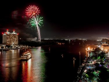 Fireworks over the Savannah River in Savannah, Georgia
