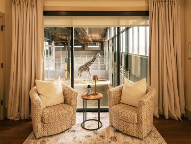 Sitting area with view of a giraffe at Georgia Safari Conservation Park in Madison, Georgia