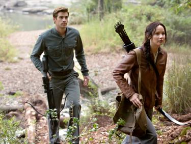 Liam Hemsworth and Jennifer Lawrence in "Mockingjay" at Sweetwater Creek State Park