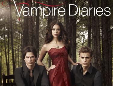 Three actors are shown in a promotion photo for the Vampire Diaries TV series.