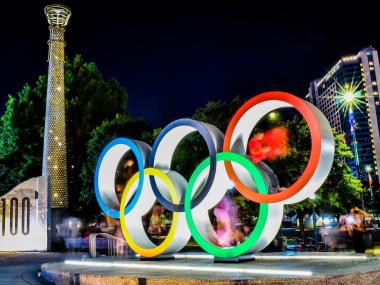 Olympic rings at night in Atlanta, Georgia