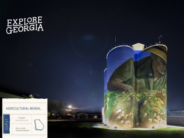 agricultural mural on silo at night w/ logo and location tag